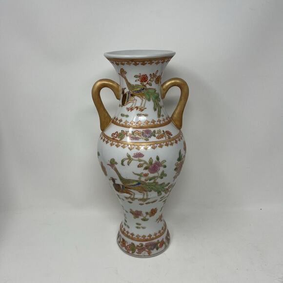 12.5" Vintage VTG Chinese Peacock Bird Vase Marked - Picture 1 of 13